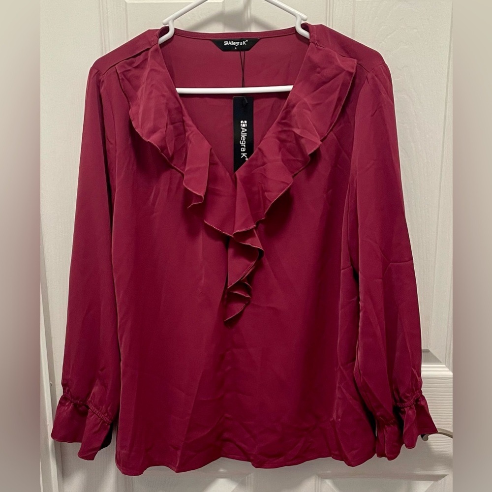 NWT-Allegra K Women's Peasant top Ruffle Blouse V neck.